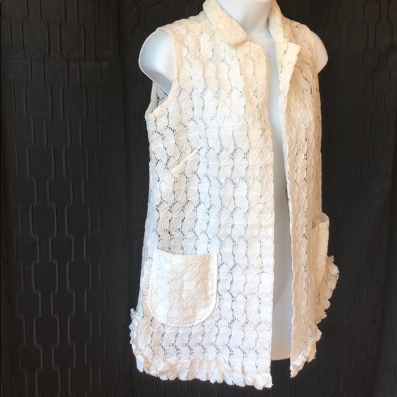 Vintage Becky white lace top vest pockets collar M - Picture 2 of 13
